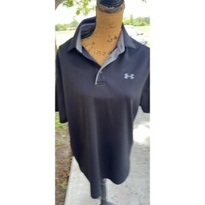 Under Armour Polo Shirt L Black Grey Trim 100% Poly Logo Sporty UA HeatGearLoose